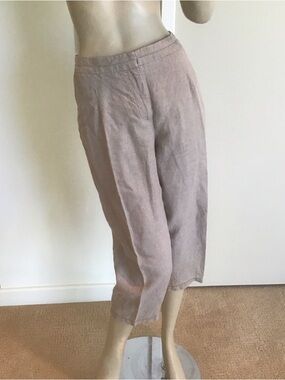 Eileen Fisher Tan Beige 100% Organic Linen Straight Leg Flat Front Crop Pants M